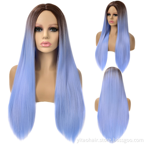 Wholesale Cheap Anime Party Pink Yellow Purple Black Blue Silver Blonde Long Straight Synthetic Cosplay Wig Non Lace